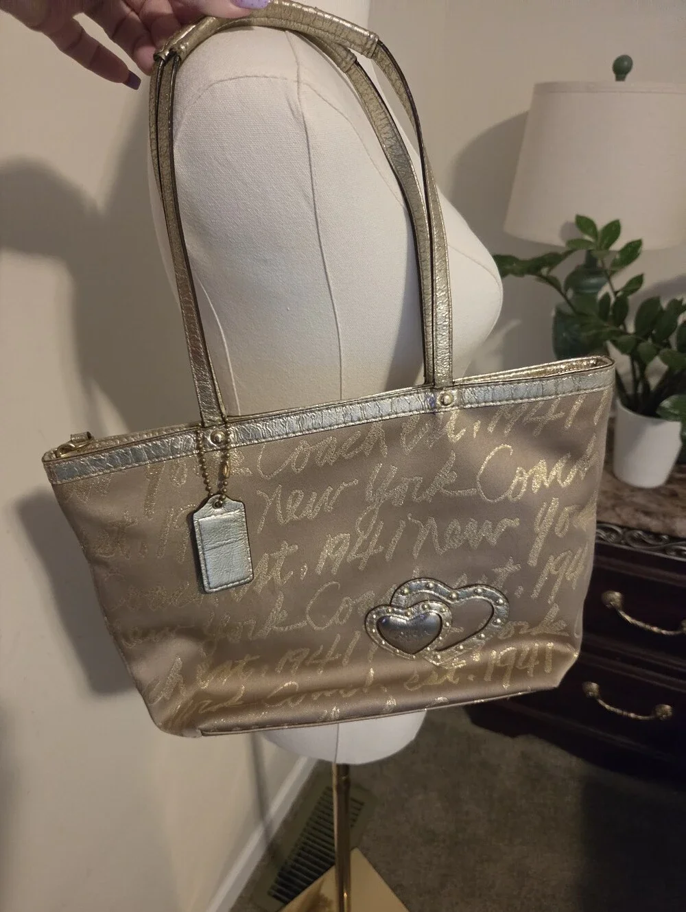 Coach Metallic Script Tote Bag in Gold